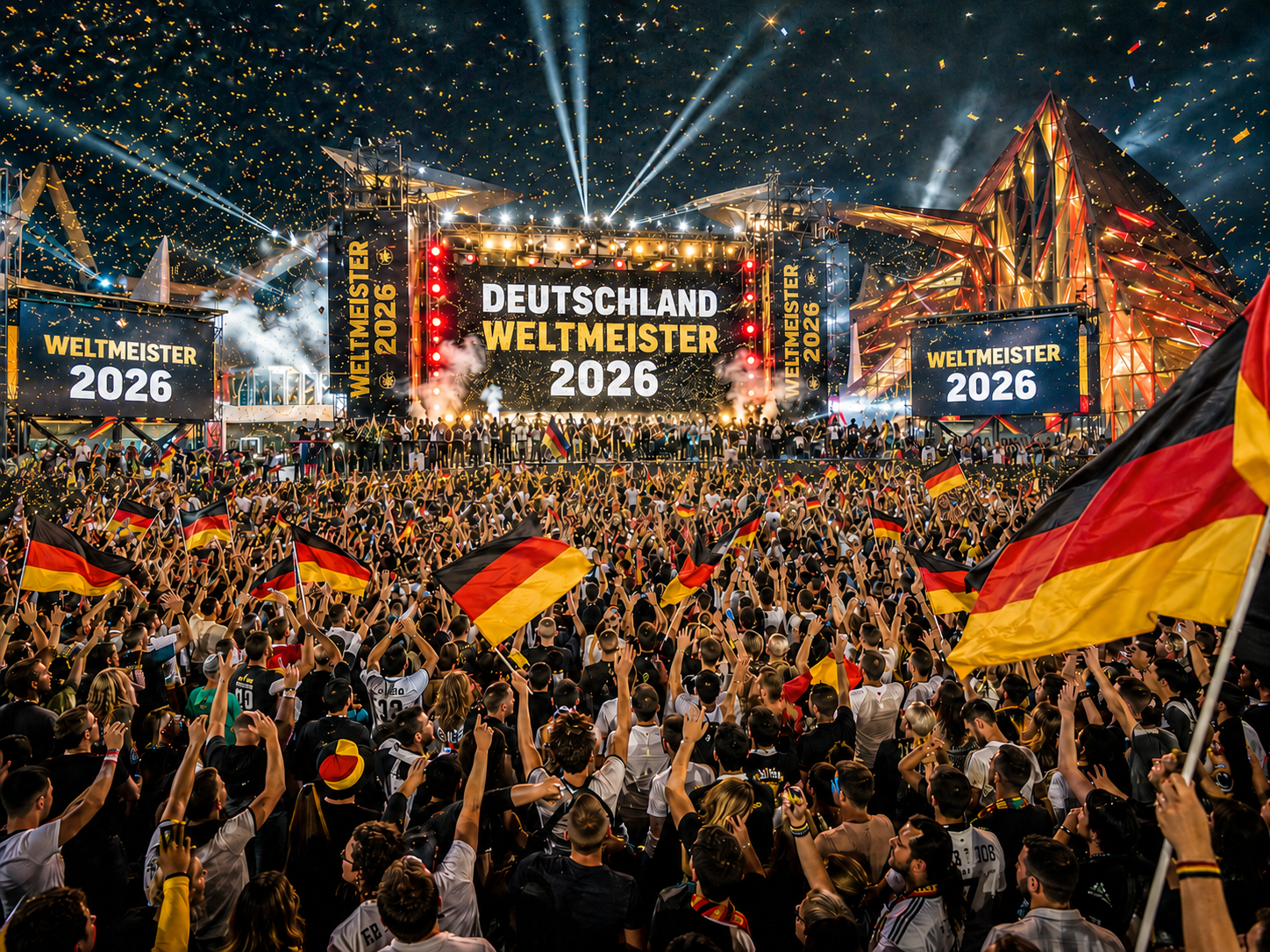 KI-generiertes Bild von feiernden Menschen an einem fiktiven Ort.