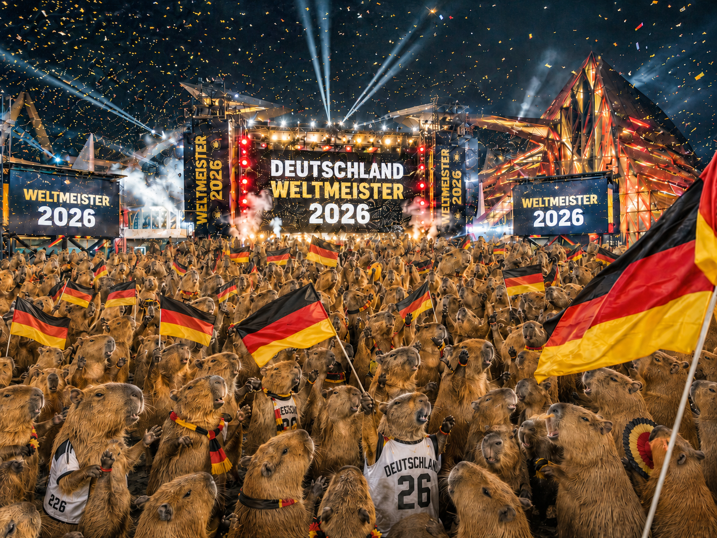 KI-generiertes Bild von feiernden, menschengroßen Capybaras an einem fiktiven Ort.